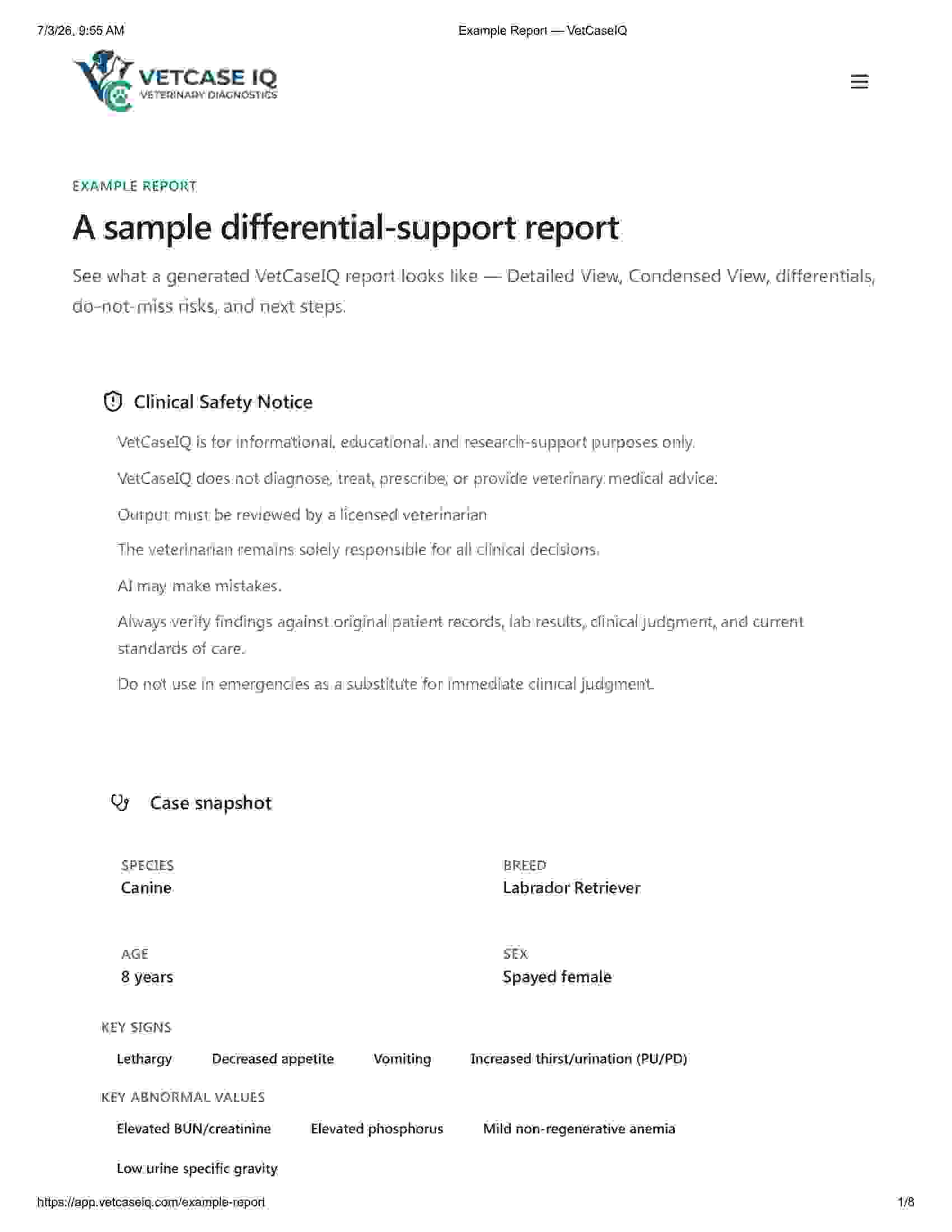 Preview of an example VetCaseIQ structured report